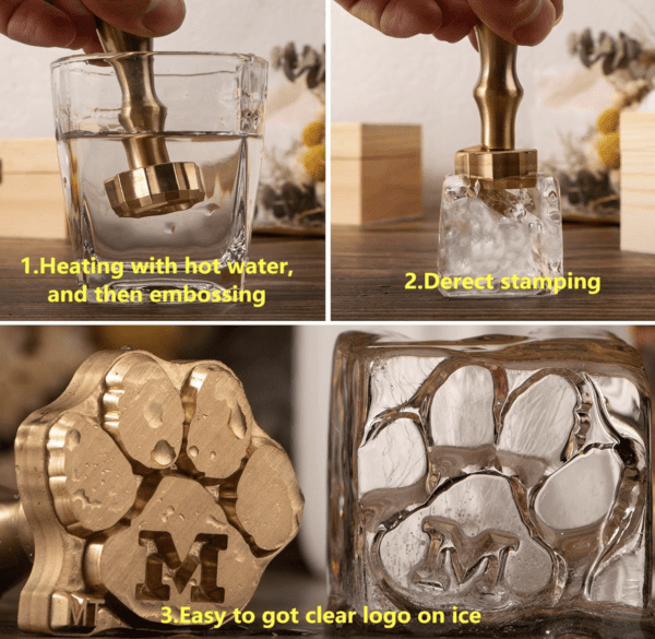 A collage of photos with instructions on how to use the ice cube tray.